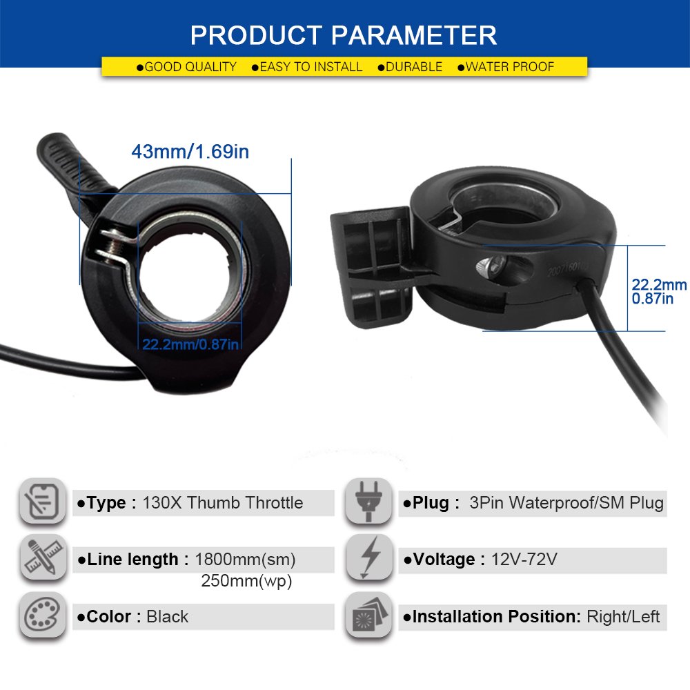 Electric Scooter Bicycle 130X Thumb Throttle ebike 3 Pin Waterproof SM Connector Electric Bike Accessories