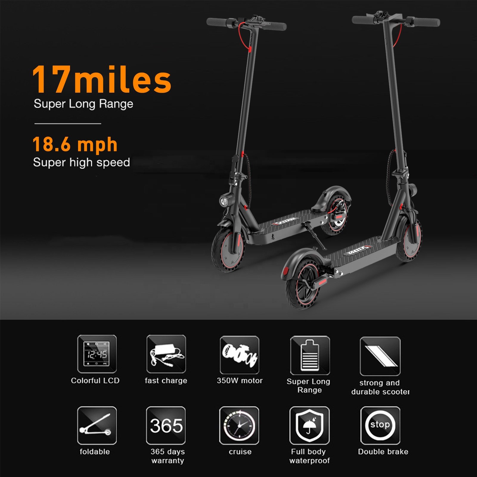 iScooter i9Pro Electric Scooter for Adults Up to 17 Miles Long Range19 MPH 350W Motor 8.5' Solid Tires Dual l Suspensions APP