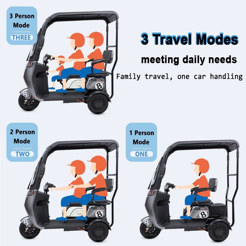 Hot sales Electric Scooter Tricycle with One-piece Shed Roof /Adjustable seats for 3 people