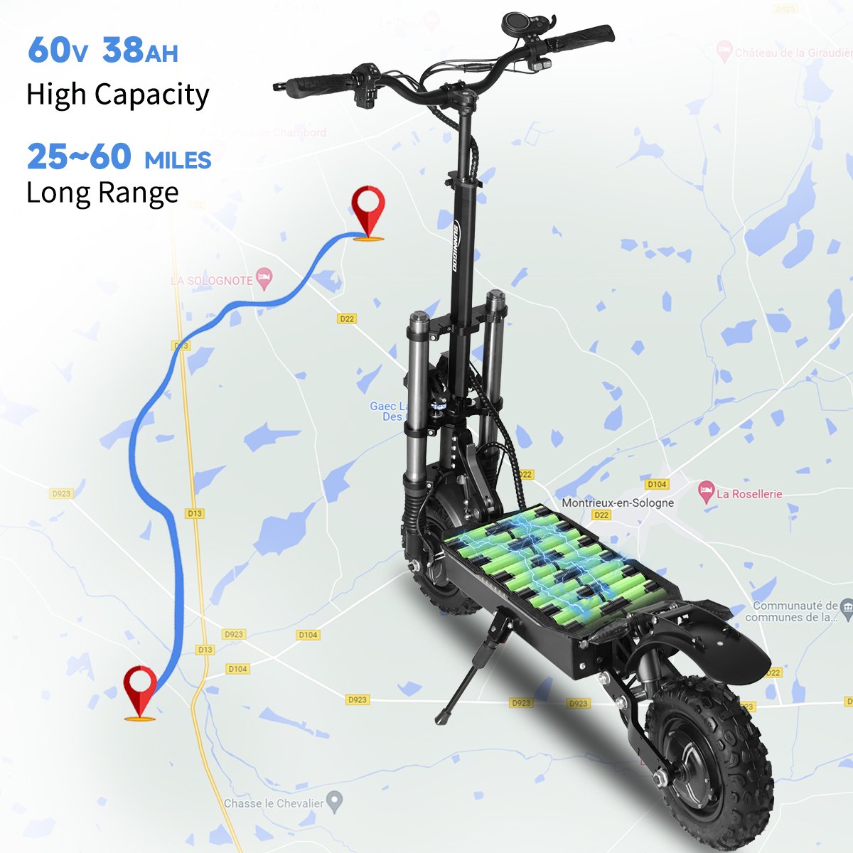 5600W Off-Road Electric Scooter for Adults Dual Motor Folding Escooter Design With Seat Max 50km/h 100km Range 60V 38Ah Scooters