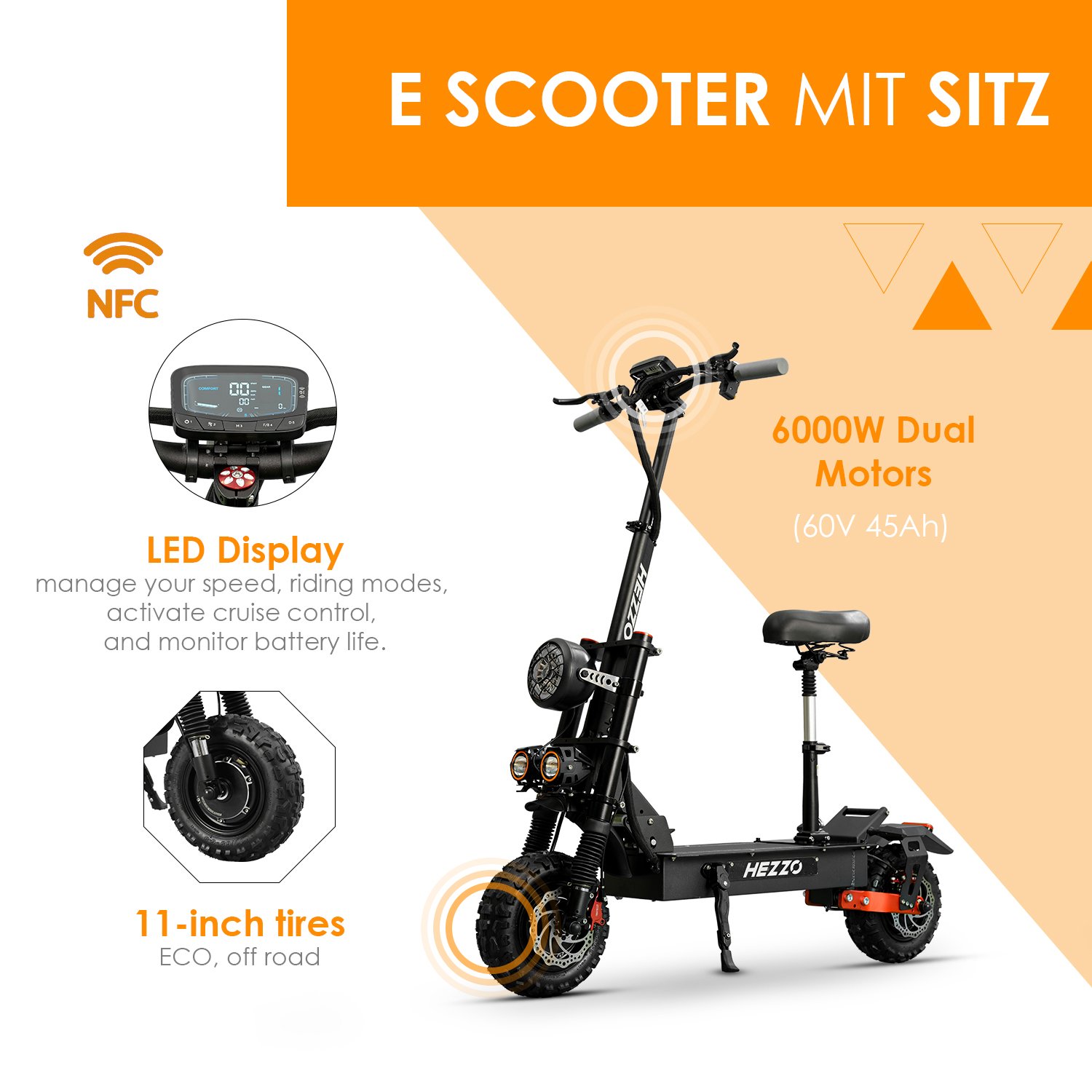 HEZZO Eu Warehouse Manufacturers electric scooter Fast Off Road 11" 60V 5600W Dual Motors Fast Electric Scooter 45Ah With Seat