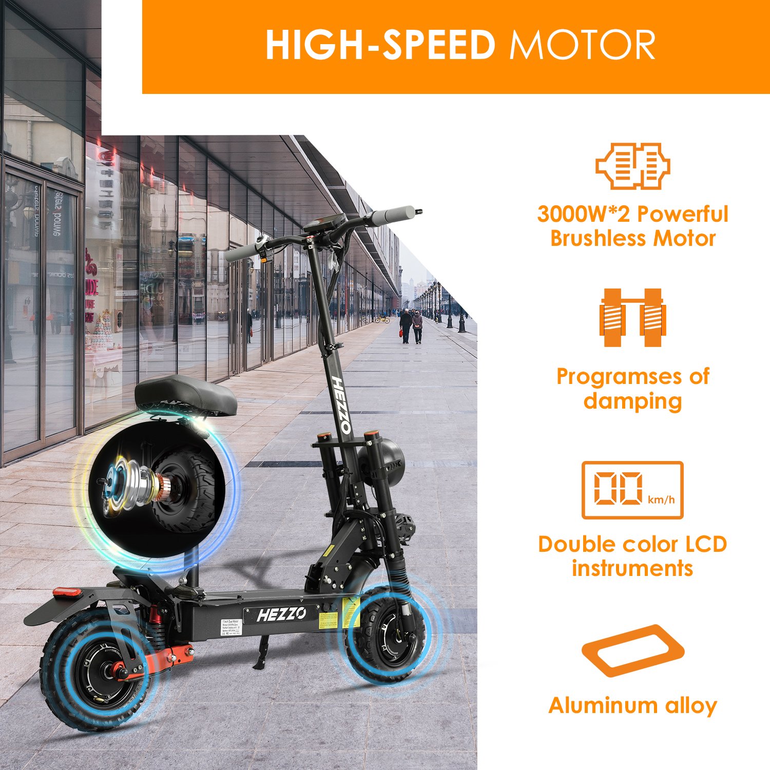 HEZZO Eu Warehouse Manufacturers electric scooter Fast Off Road 11" 60V 5600W Dual Motors Fast Electric Scooter 45Ah With Seat