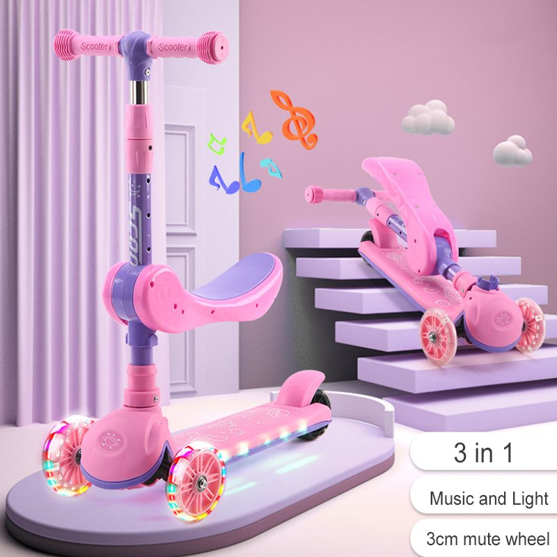 2 in 1 foldable kick scooters foot scooters 3 wheel scooter kids with light and music for 2-12 years old children