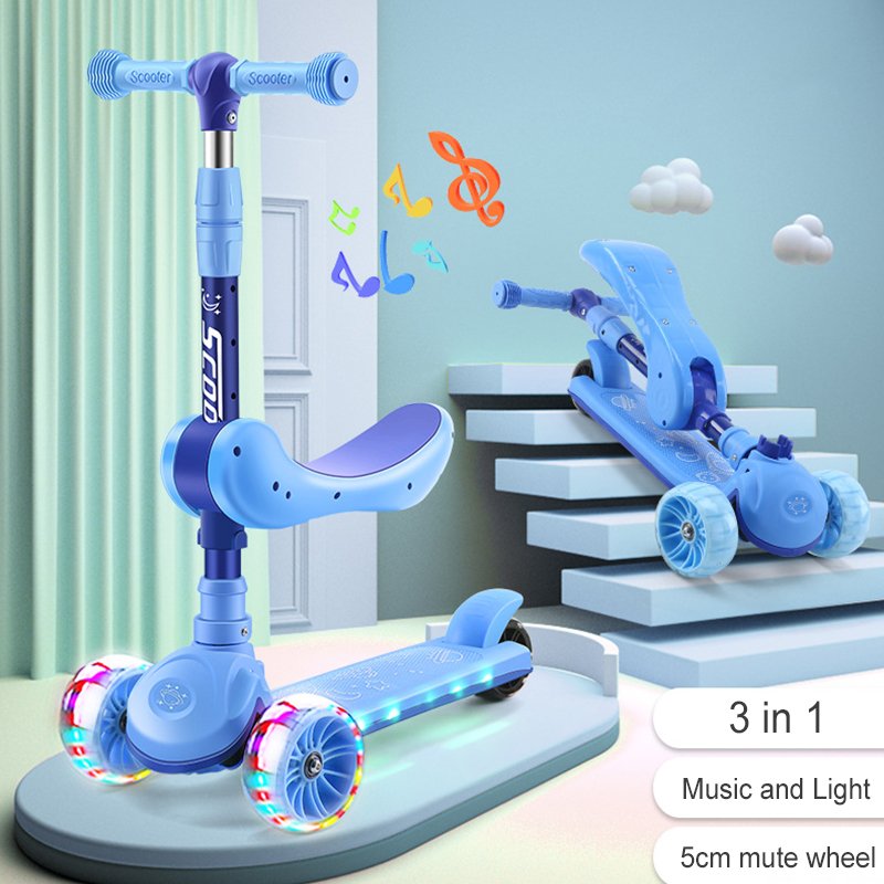 2 in 1 foldable kick scooters foot scooters 3 wheel scooter kids with light and music for 2-12 years old children