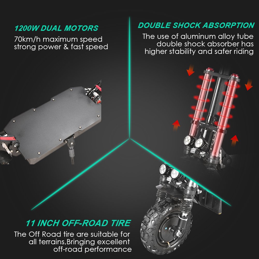 Off Road Tire 70KMH 1200W Dual Motor Electric Scooter High Power 2400W Easy Foldable 11 Inch Unisex Electronic Scooter 10 - 25ah