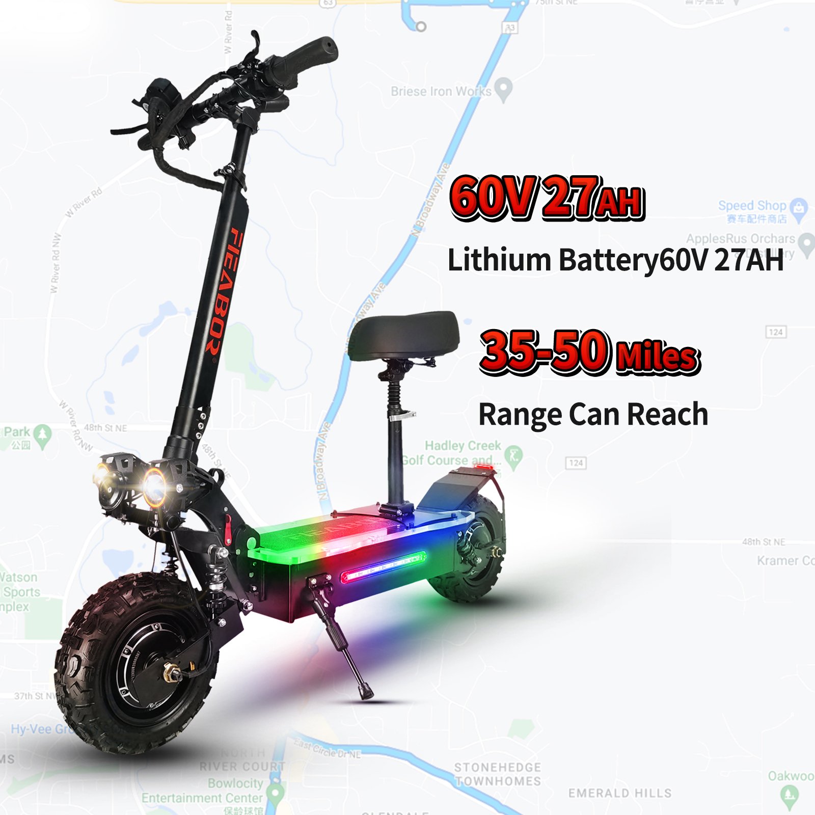 Fieabor USA 5600W Powerful Electric Scooter Brushless Double Motor 90Km Range Max Speed 85KM/H Folding Kick EScooter for Adults