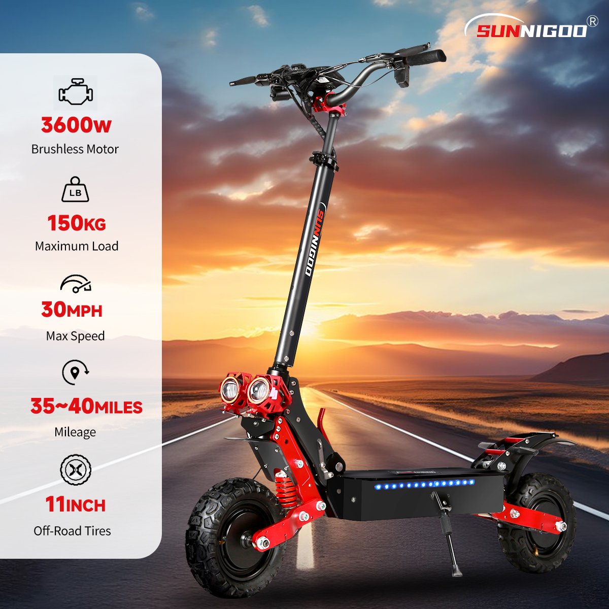 SUNNIGOO Off Road Electric Scooters Dual Motor 1800W*2 Escooter 48V 21Ah 50km/h 60Km Mileage Foldable Scooter Electric For Adult