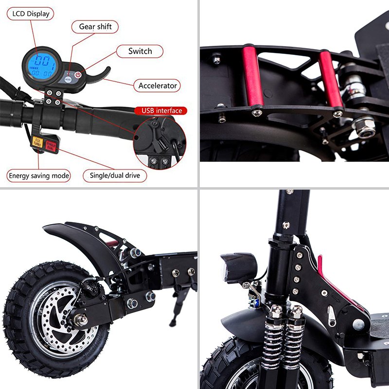1000w Lithium Ion Battery 52V 18Ah Foldable Dual Motor Big Wheel Electric Scooter