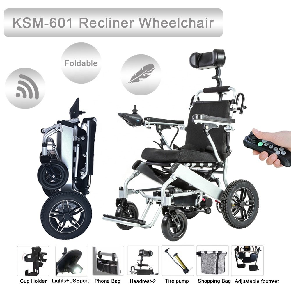 KSM-601Portable foldable wheelchair electric wheelchair hot sale ultra lightweight folding power wheelchair with manual recliner