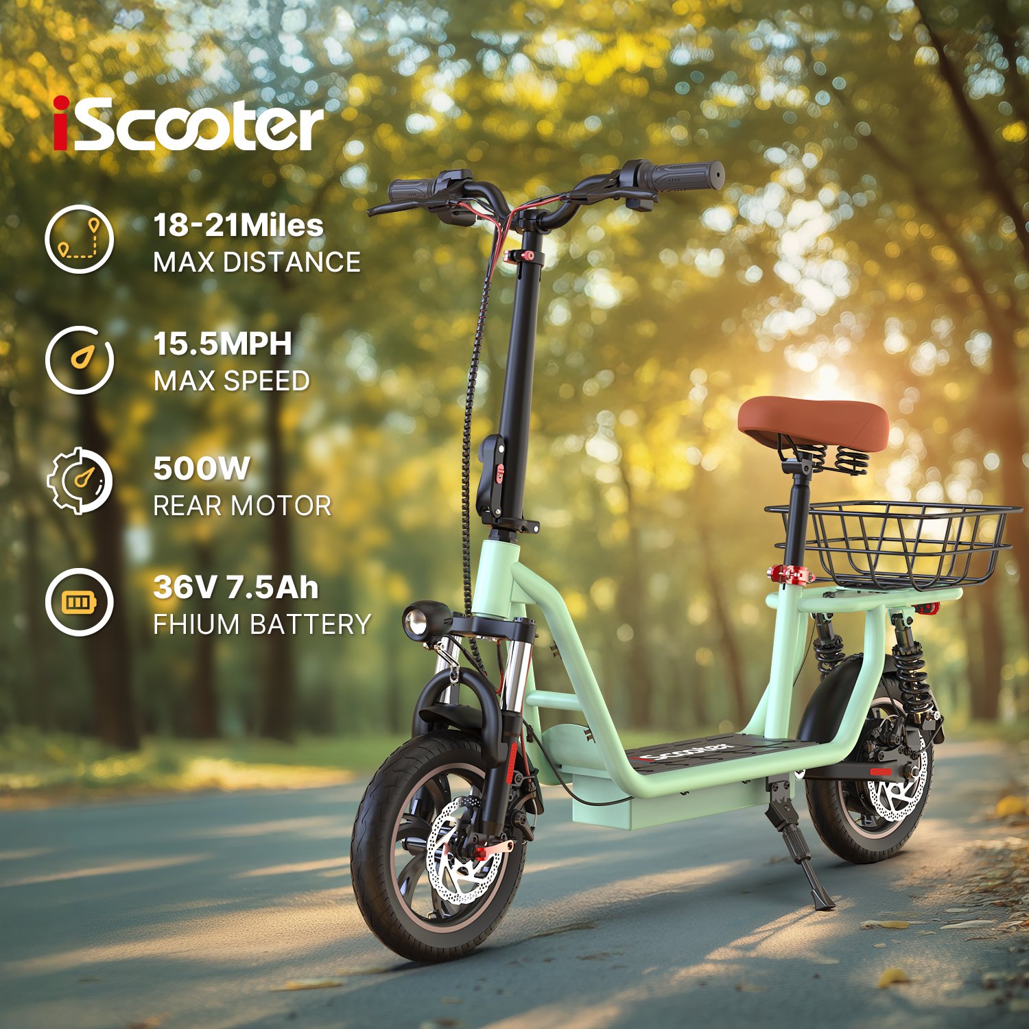 UK stock iScooter i12 500W with seat and basket 25km/h green for adults electric scooters