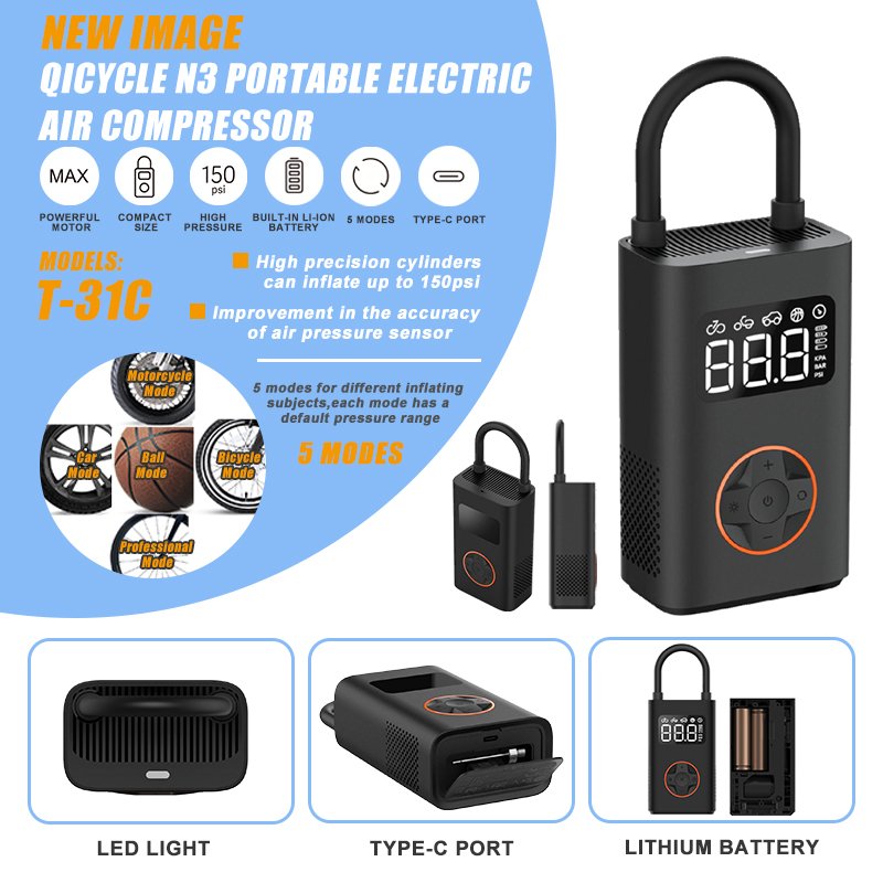 EU stock QiCYCLE N3 Portable Electric tire Air electric pump Built-in Battery Multi-nozzle Scooter Pump Compressor with Light