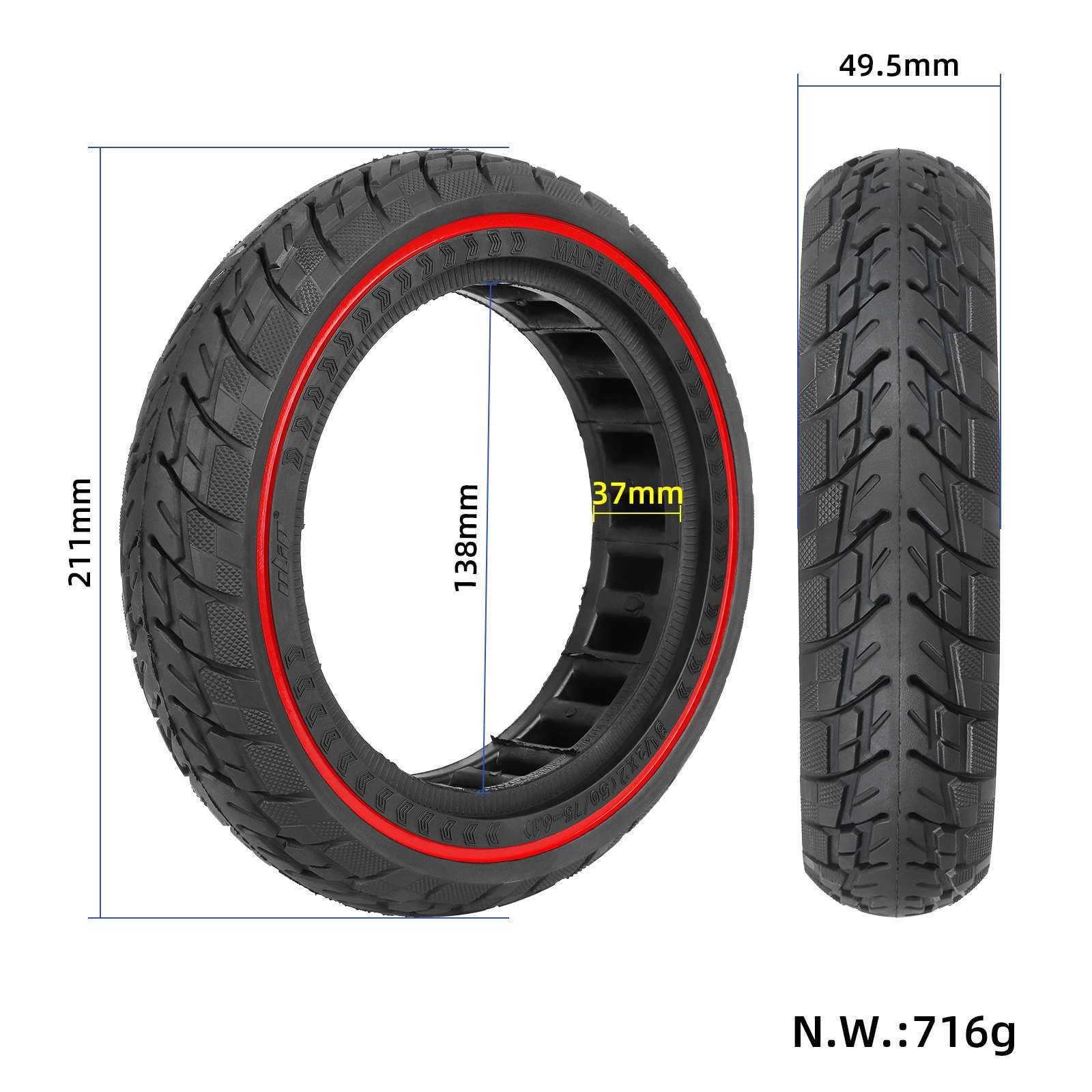 Ulip 8 1/2*2(50/75-6.1) Off-Road Solid Tire with Red Circle for Xiaomi Scooters 8.5 Inch Electric Scooter Wheel Tyre Accessories