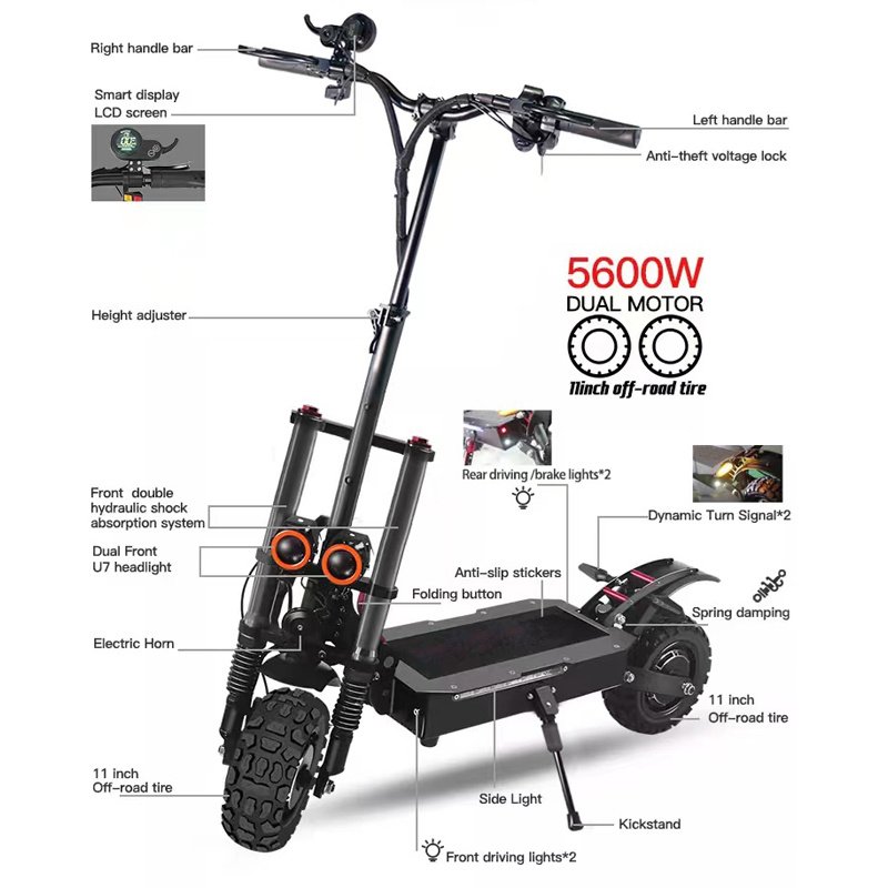 Eu warehouse Powerful Adults dual tron e scooter 100km 11inch 5600w 60v 23.4A Electric Scooter