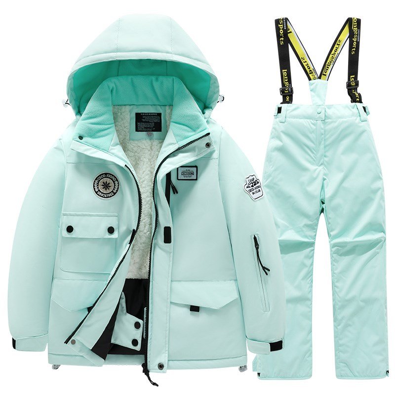 Full-time skiing specialty for girls in ski clothes and water, with velvet and male heat