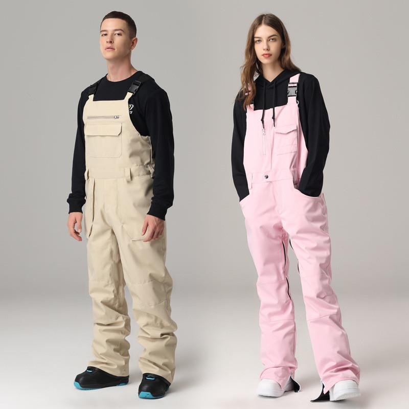searipe, a man and a woman with a two-board, single-board, ski pants and ski suits