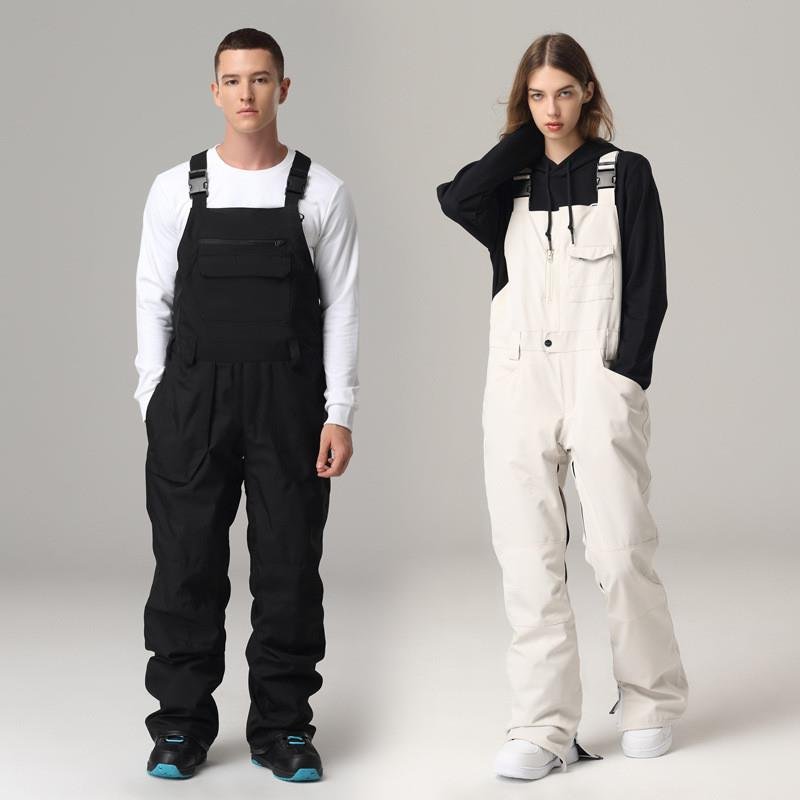 searipe, a man and a woman with a two-board, single-board, ski pants and ski suits