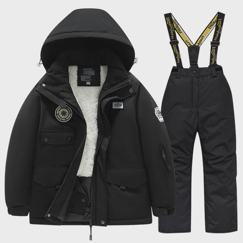 Winter ski suits for boys and girls with wind and water-proof coats and a full set of professional equipment for warm and warm snow