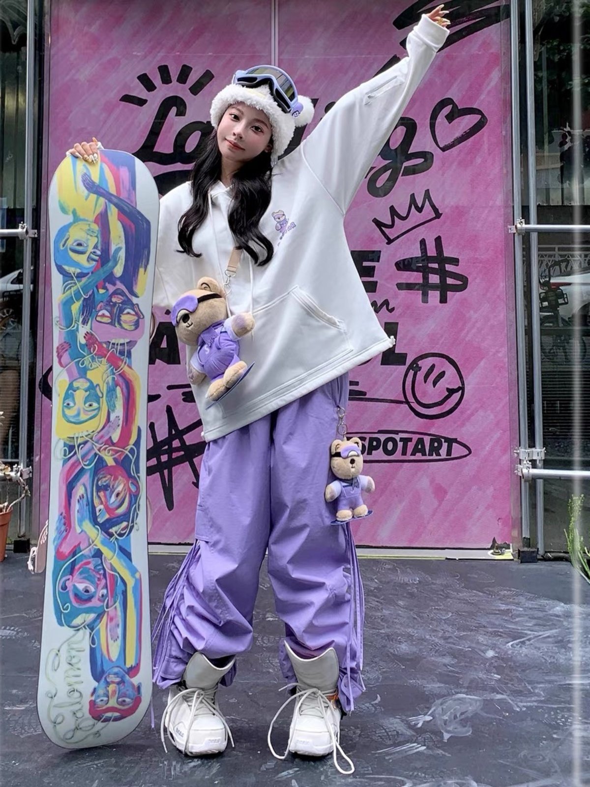 Skibear, official authorization for bear-eared snowsuits, purple ski pants, one-on-one, cute, waterproof