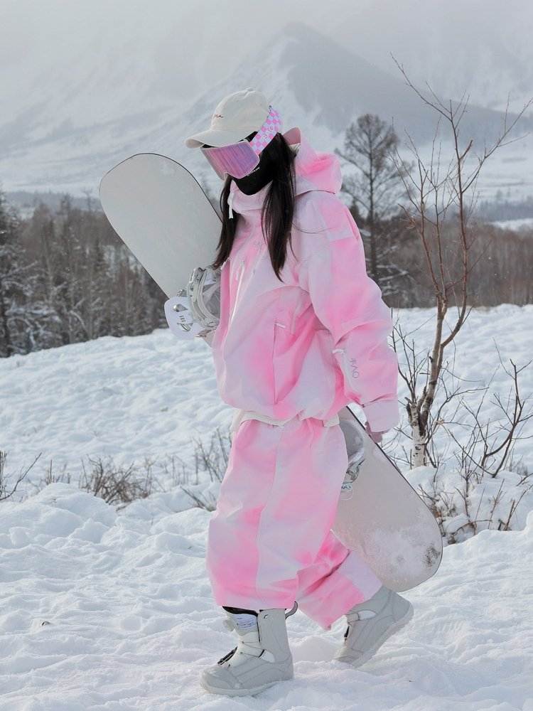 snow no, pink-printed ski suit, velvet waterproof and windproof oversize ski suit