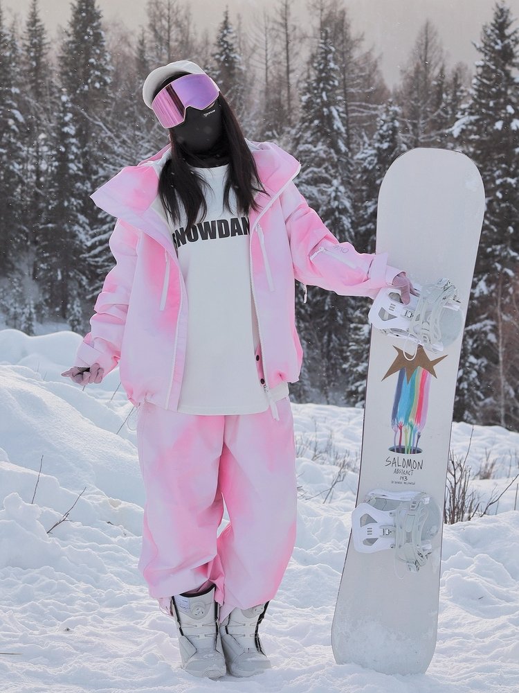 snow no, pink-printed ski suit, velvet waterproof and windproof oversize ski suit