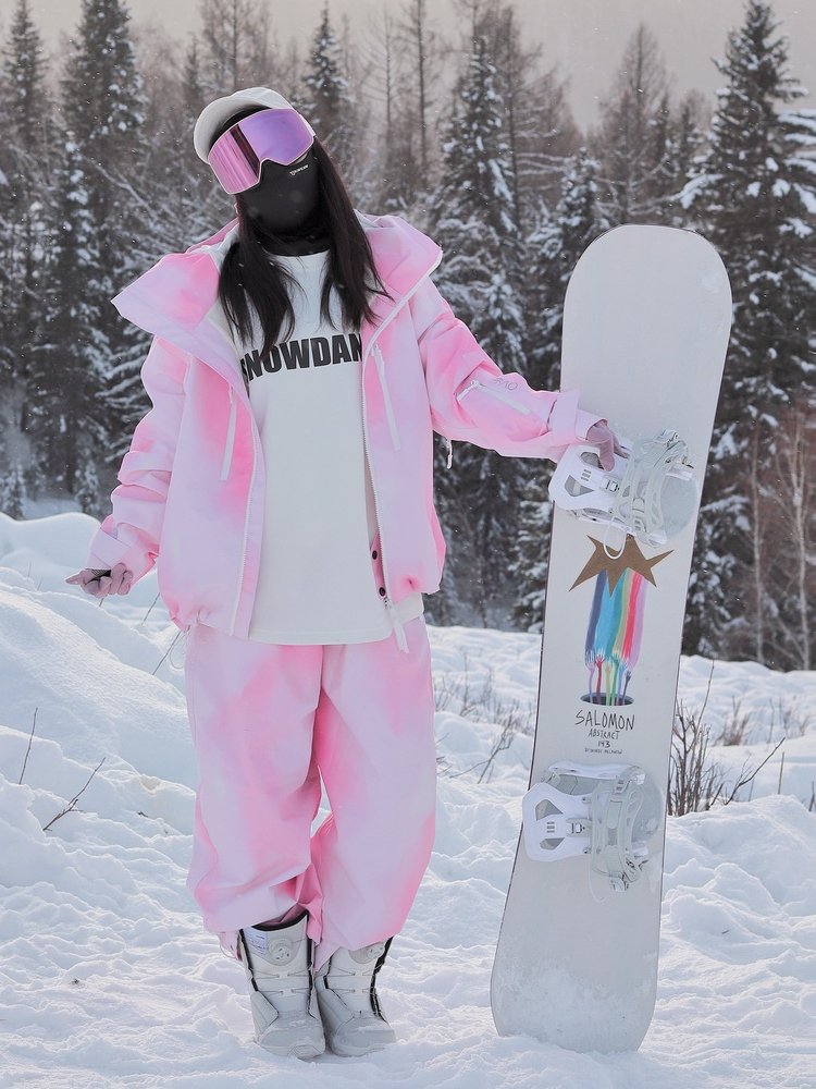snow no, pink-printed ski suit, velvet waterproof and windproof oversize ski suit