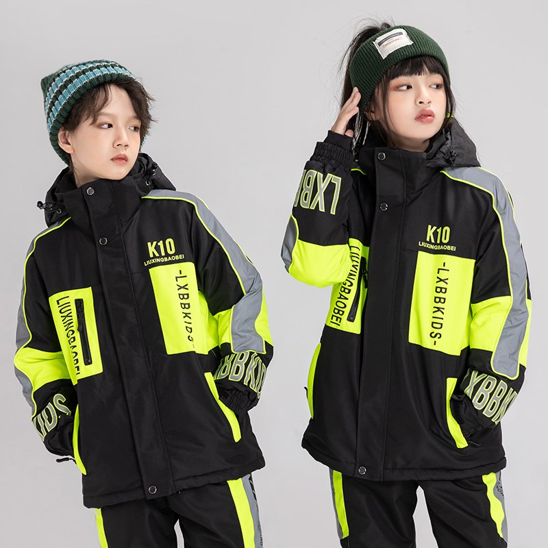 Retrospection of a two-board ski suit for children skiing, for boys and girls, in winter, for wind and water-proof outdoors