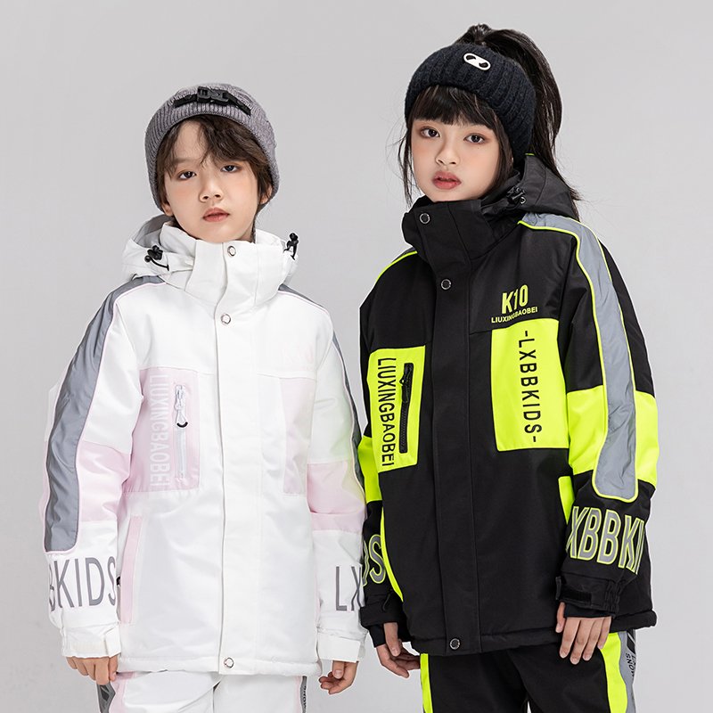 Retrospection of a two-board ski suit for children skiing, for boys and girls, in winter, for wind and water-proof outdoors