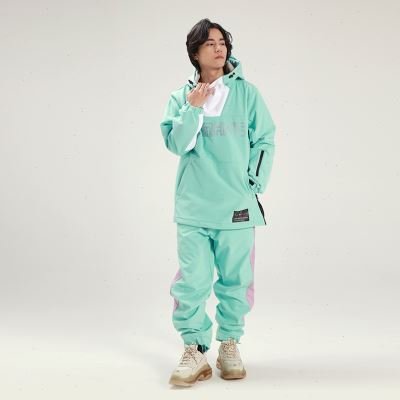 New winter couple skiing with a man and woman on the outside with a two-board waterproof snowsuit