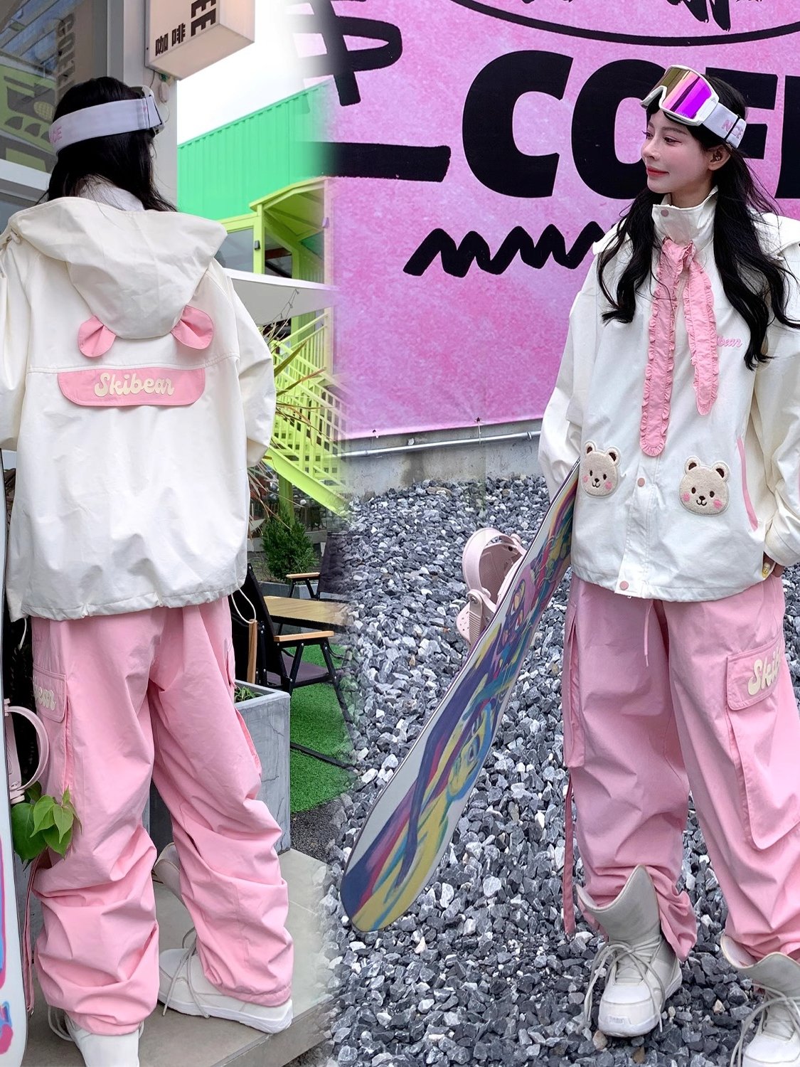 Skibear's original ski suit was a pink 3L-pressure, water-heating, wind-proof, two-board, water-resistant ski pants