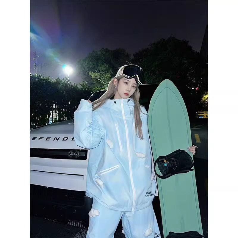 A long white mountain ski suit, a red-coloured blue cloud ski suit, windproof water