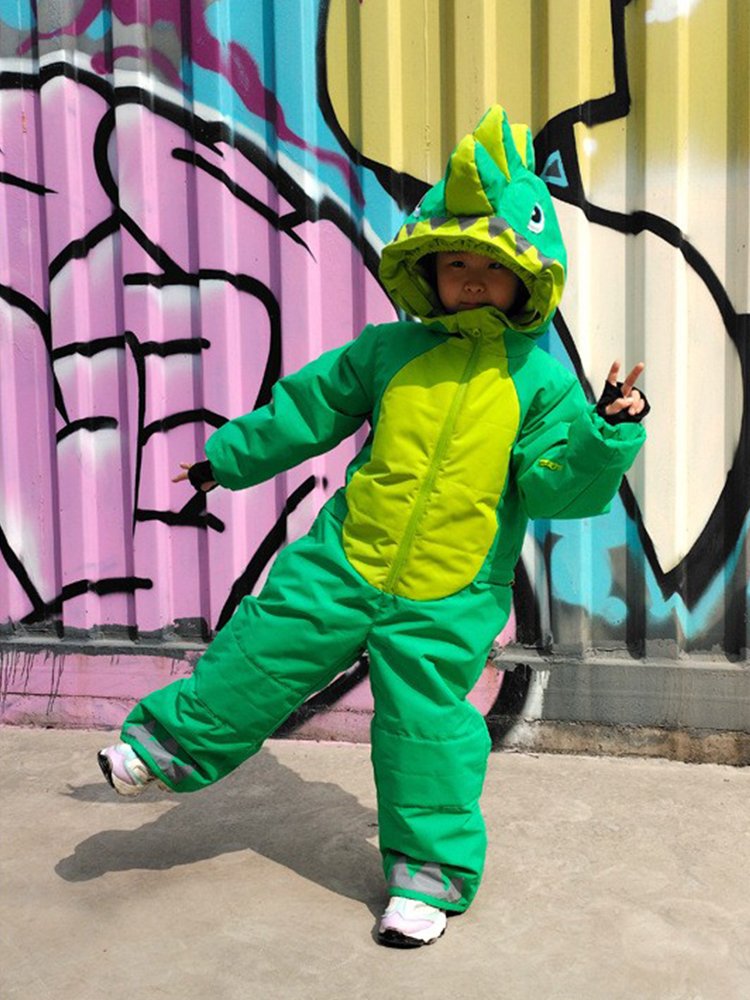 Children's skiing suit with a wave of hot and warm dinosaurs in Northeast Snow Village baby skiing pants