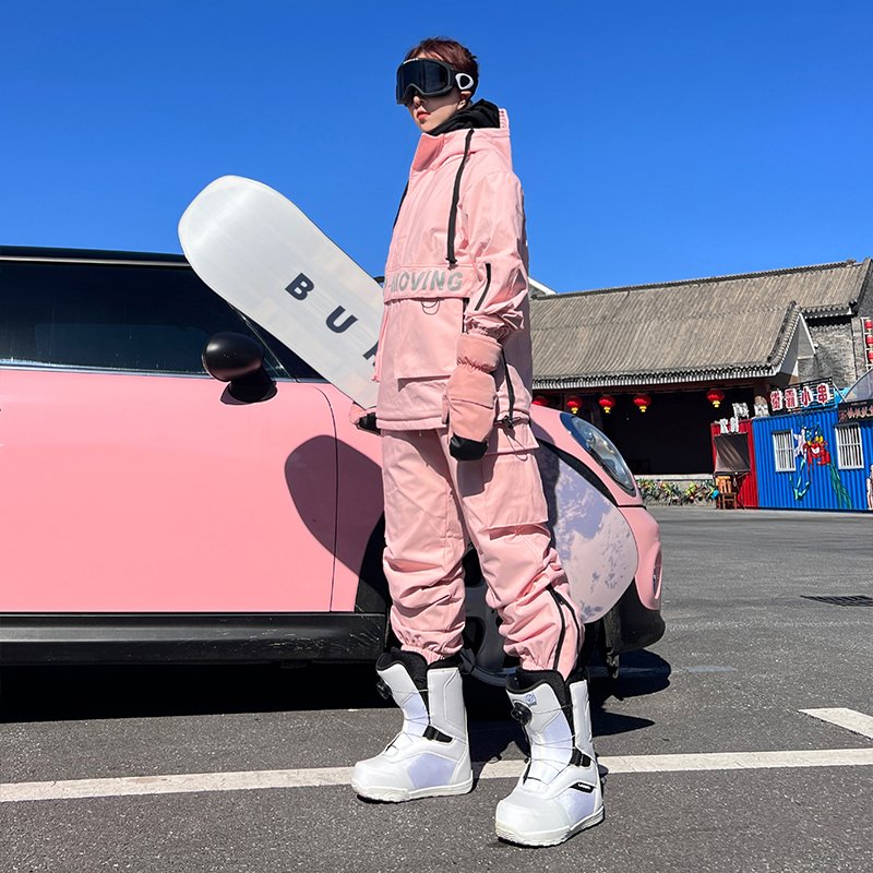 KEEPMONEY PINK SKI SUIT FOR MEN AND WOMEN WITH TWO-BOARD WATERPROOF AND THICK SKI SUIT