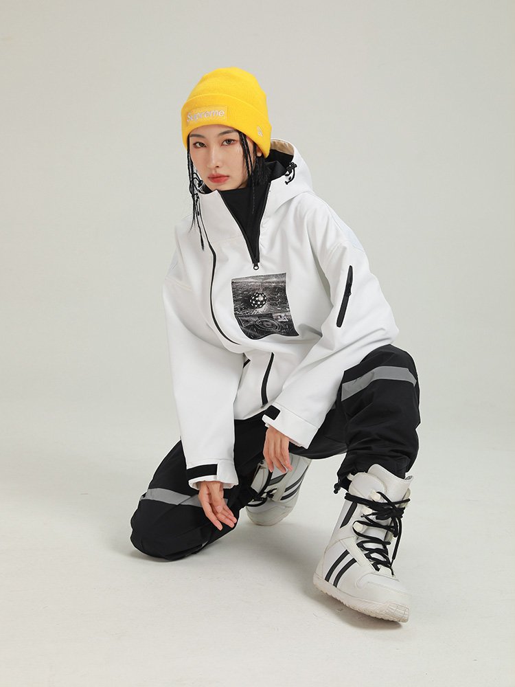 A professional ski suit with a man and a woman in a single feng shampoo hoodie with a thick warmer ski pants