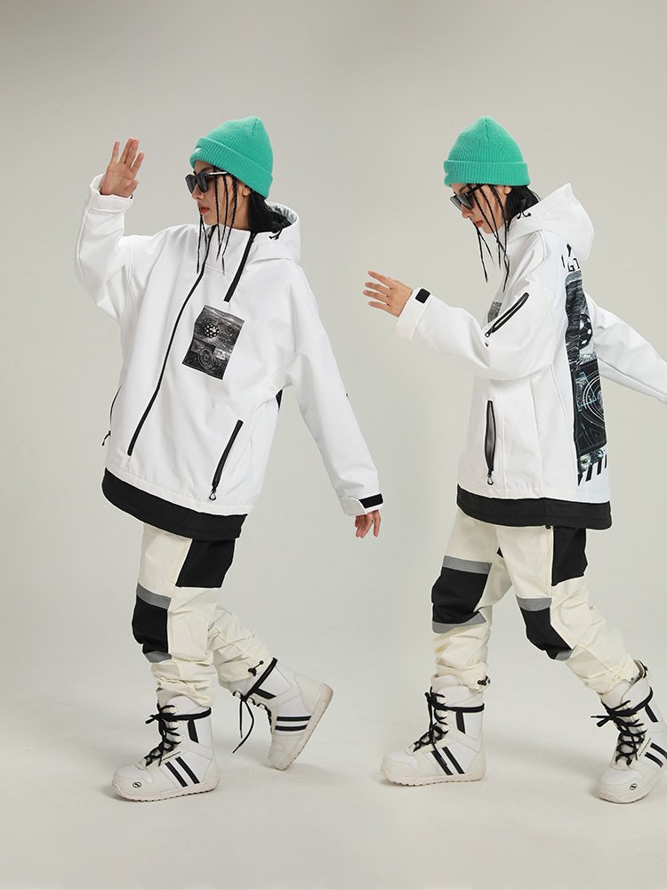 A professional ski suit with a man and a woman in a single feng shampoo hoodie with a thick warmer ski pants