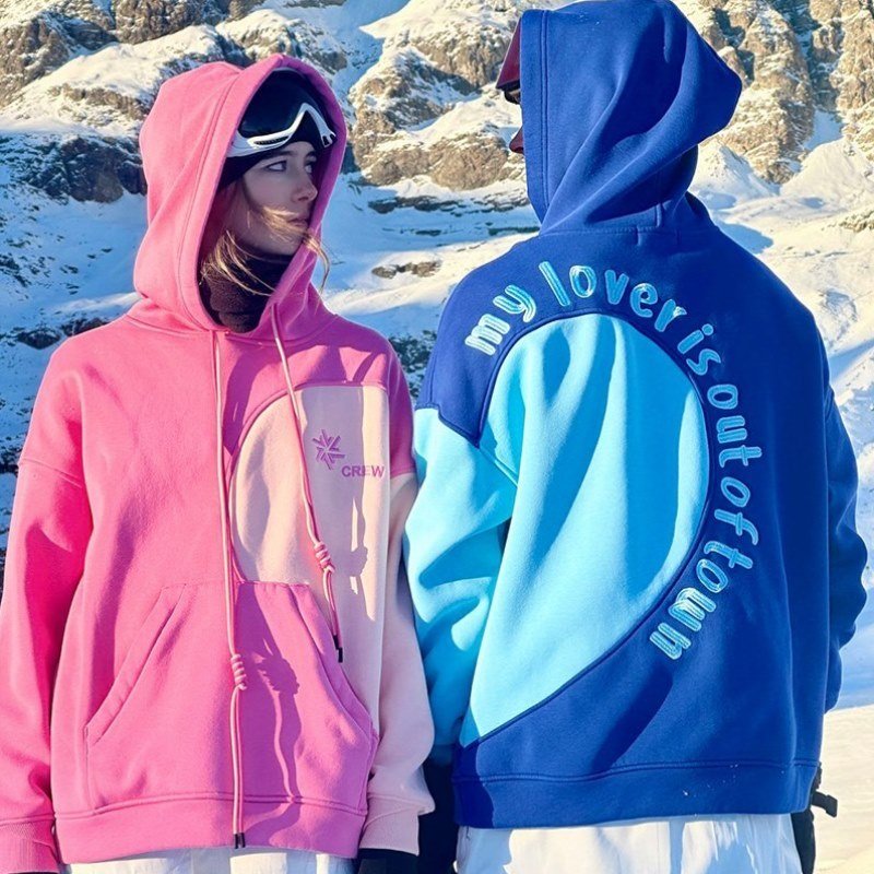 A pink heart-to-heart collide with valent's water and velvet ski suit