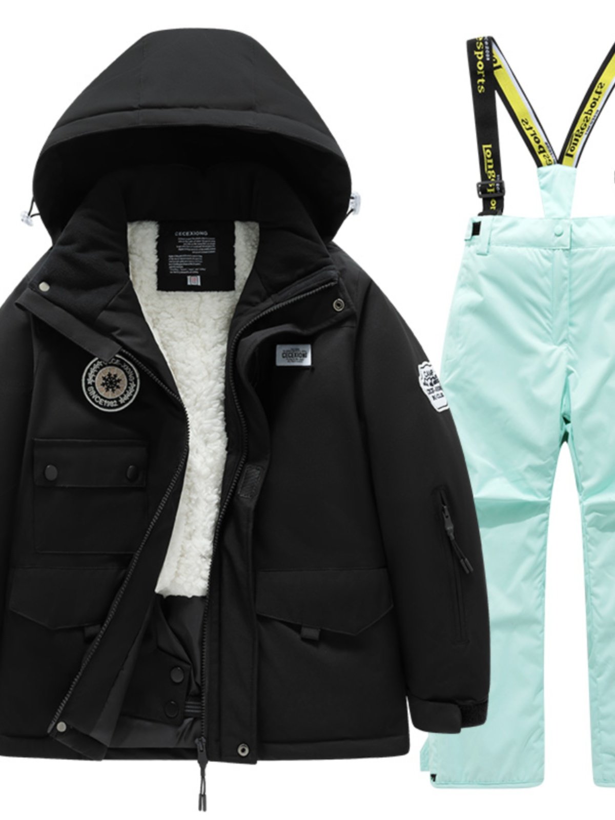Children's skiing suit and plaque for boys and girls in the open winter with wind and water and water