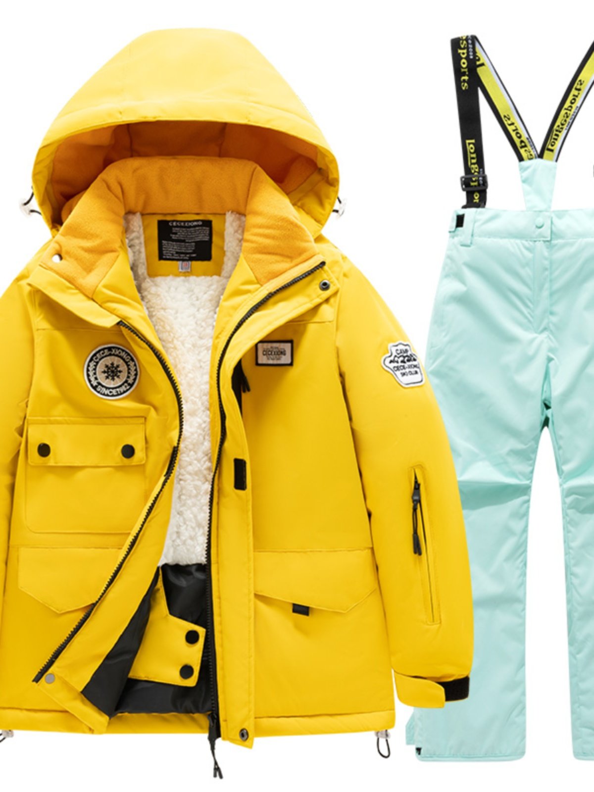 Children's skiing suit and plaque for boys and girls in the open winter with wind and water and water