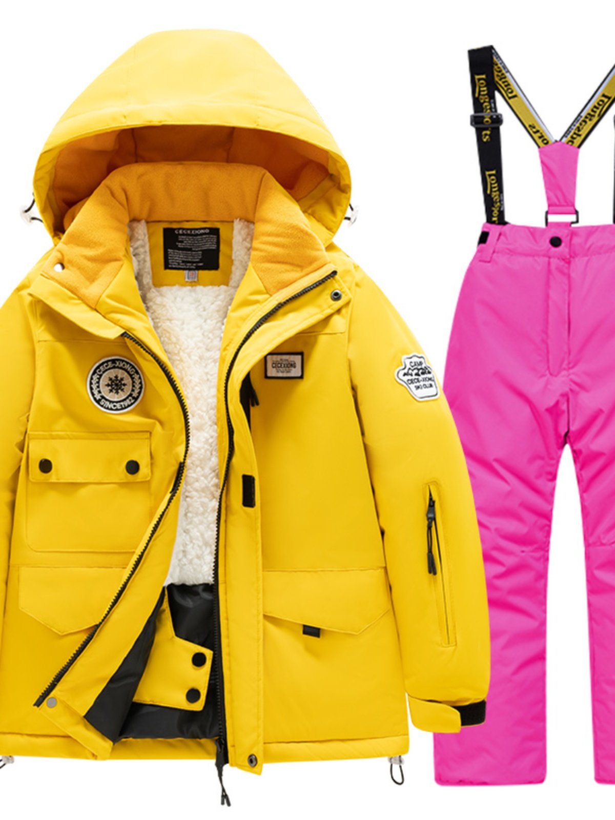 Children's skiing suit and plaque for boys and girls in the open winter with wind and water and water