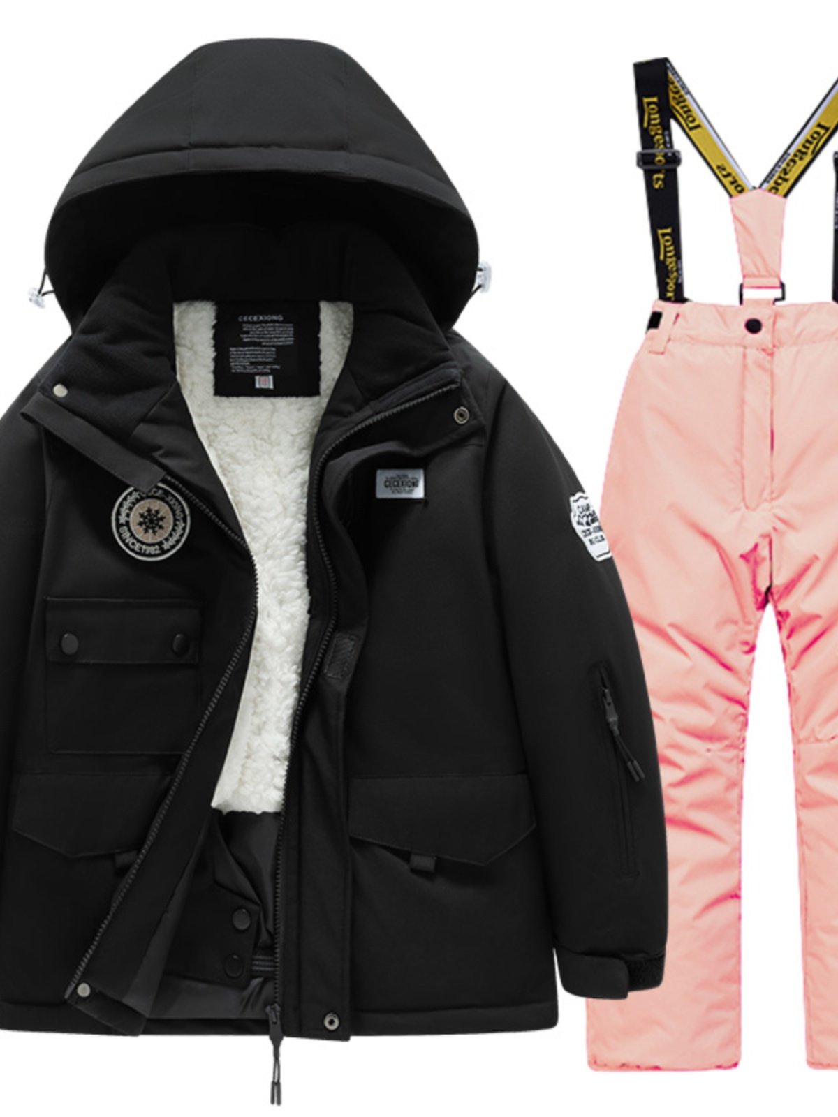 Children's skiing suit and plaque for boys and girls in the open winter with wind and water and water