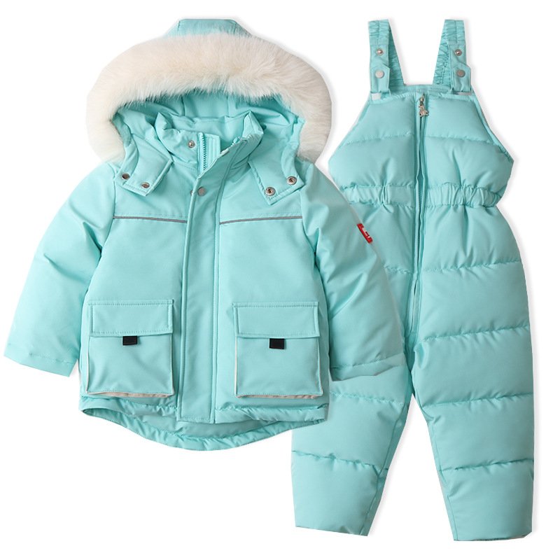 New winter 2024 for children's skiing suits with velvet and thick, warm, weather-proof cotton pants