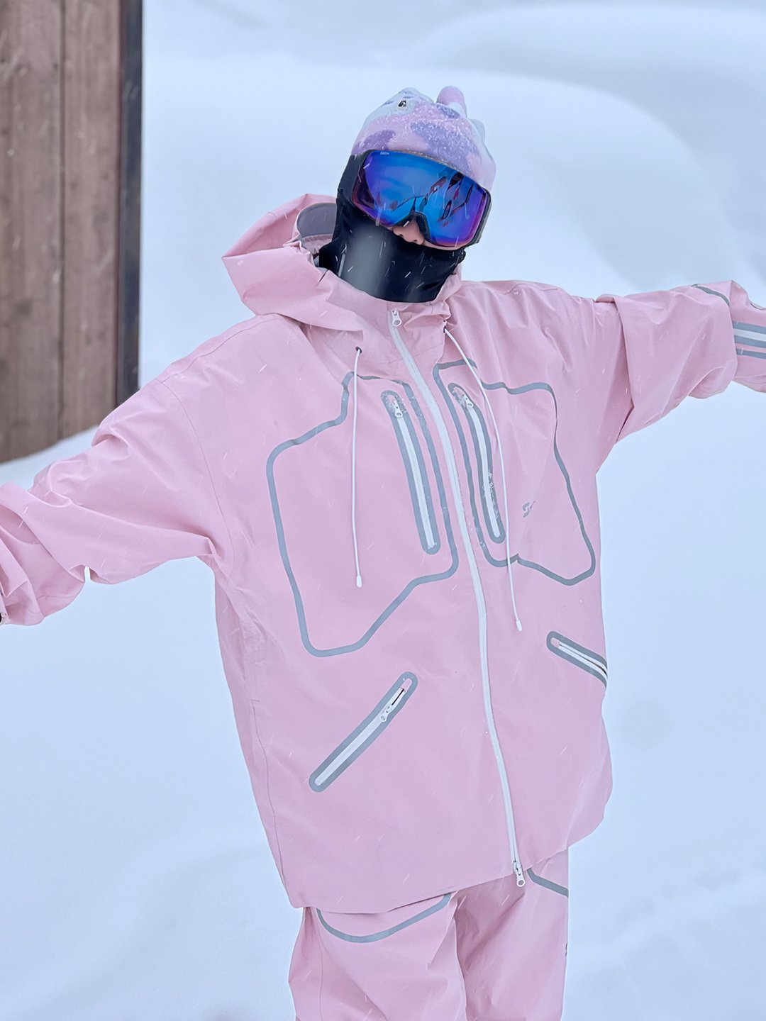 Smooth Line Light pink fluorescent ski suit double-board, air-proof, men-to-women