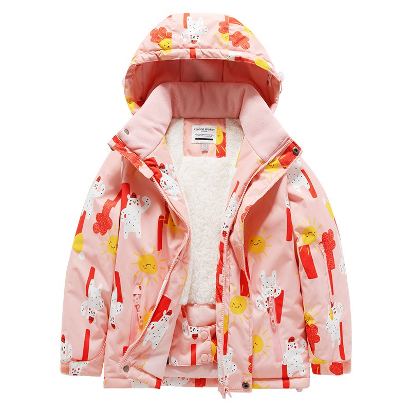 Children in winter ski suits with boys and girls outside the home with strong water and wind protection
