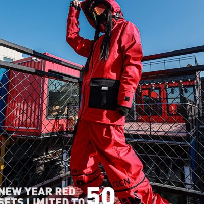 tolasmik single-board red ski suit, full of hooded, waterproof and windproof country ski pants