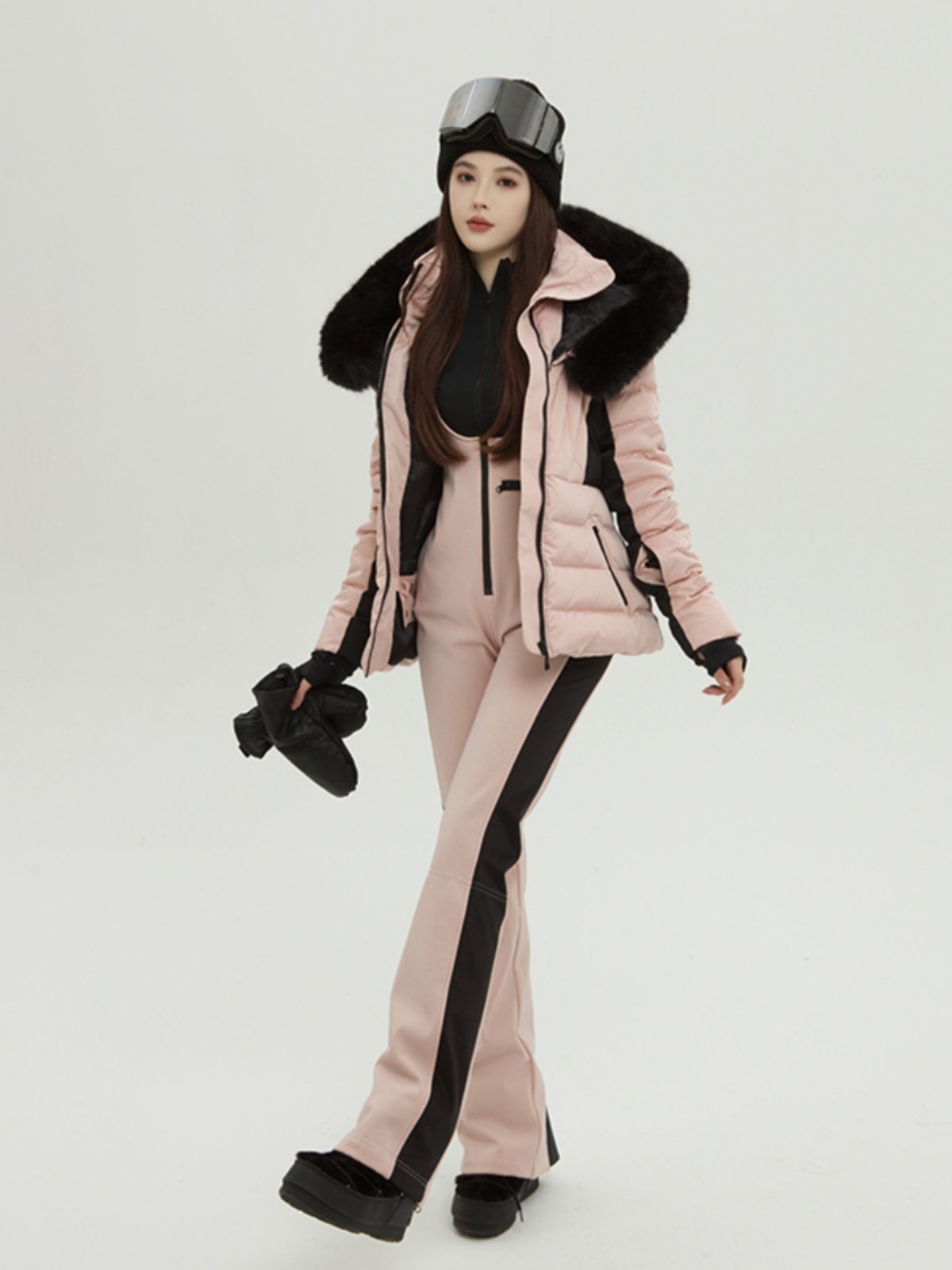 Kingcarve's pink, white, ski suit suit, female coat, 2023 new winter, thick and single board