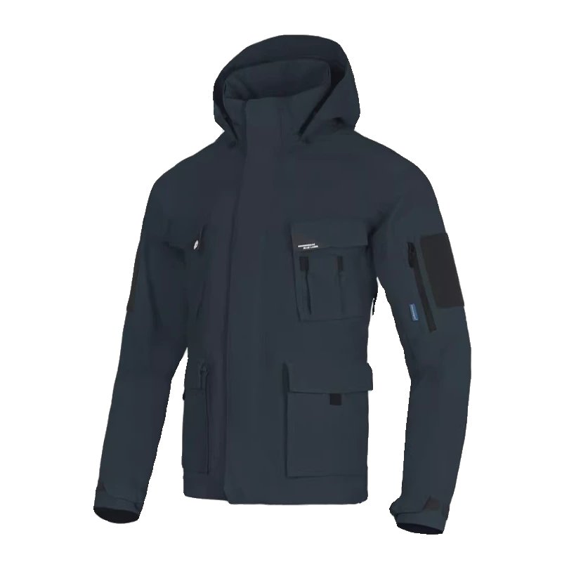 ELMERSON CAY, AN EXTERIOR SKIER, MARCHING TO HIDE A MAN'S HARD-SHELL RAINPROOF M65 WINDSUIT