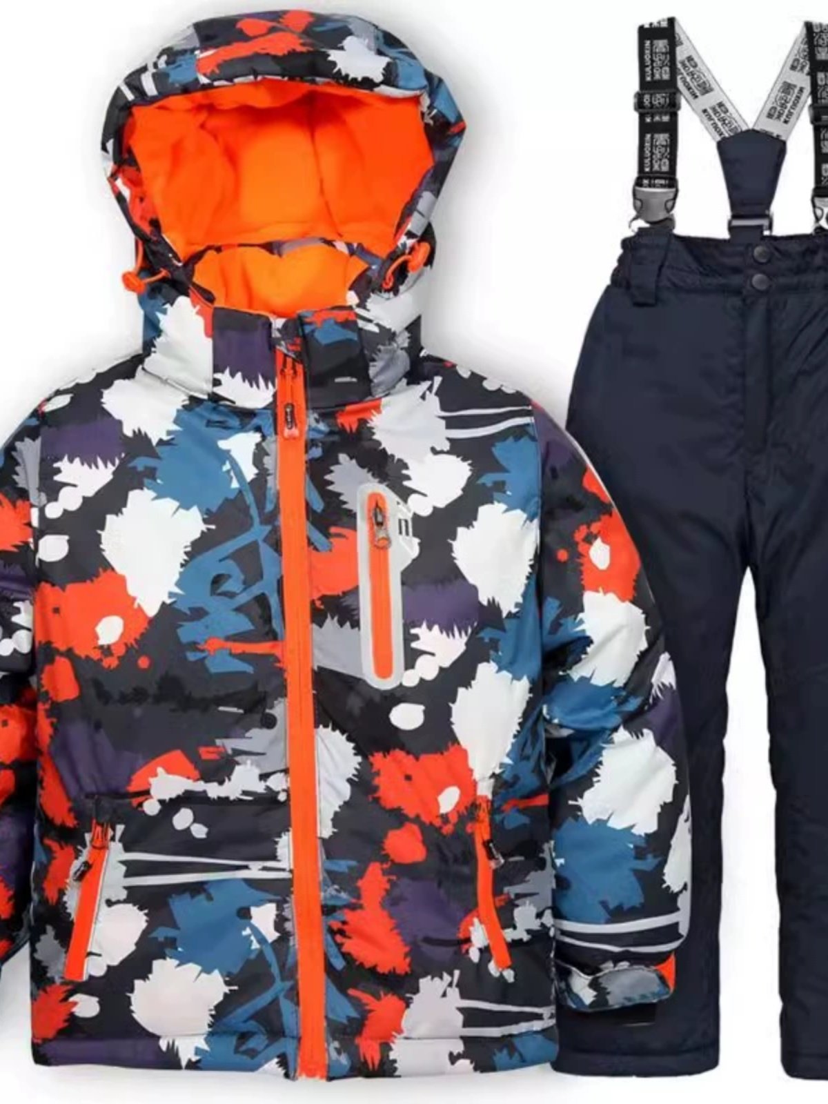 Ski gear for children with girls and boys in ski pants with thick partitions for windwater in the northeast