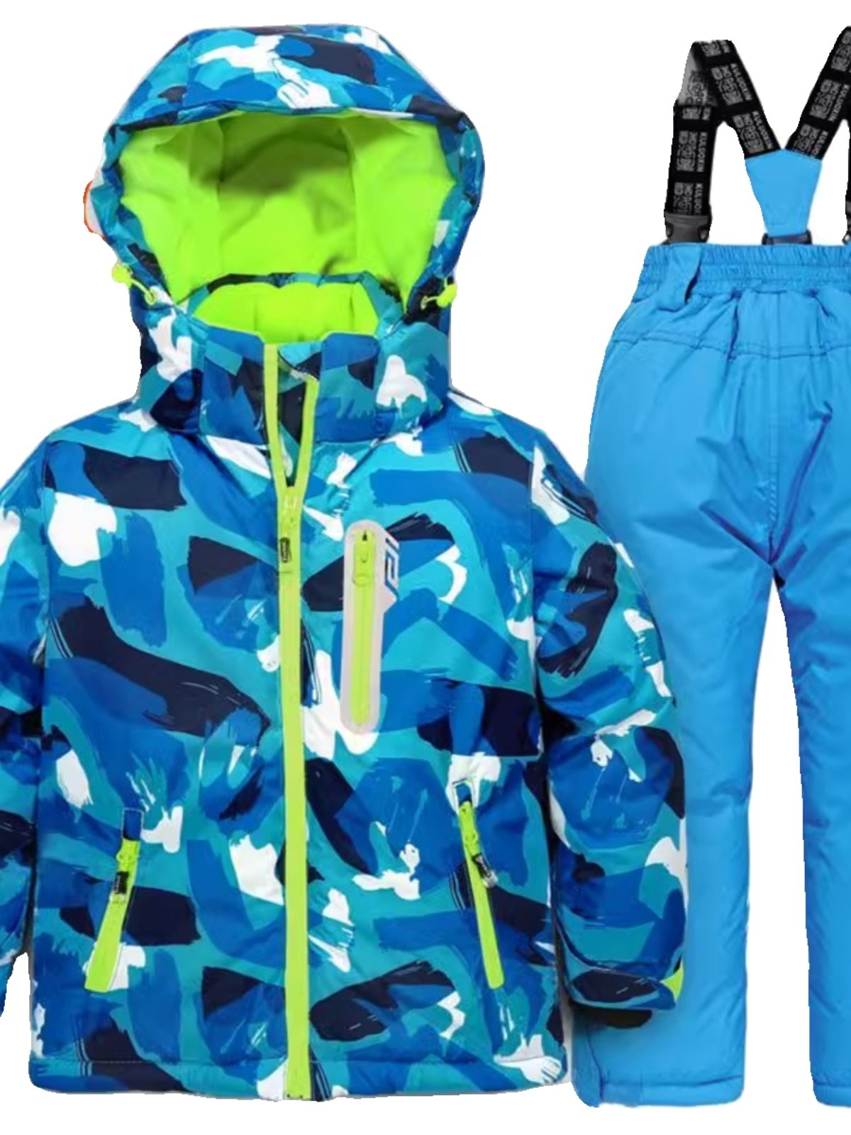 Ski gear for children with girls and boys in ski pants with thick partitions for windwater in the northeast