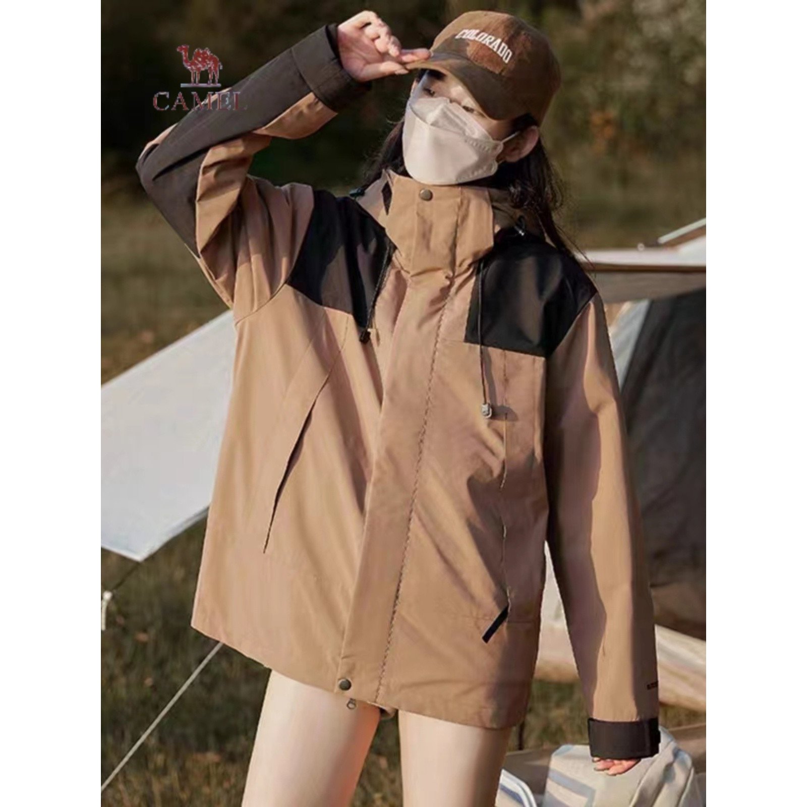 A camel's real exterior assault suit can be removed from a man's and a woman's velvet and waterproof flair