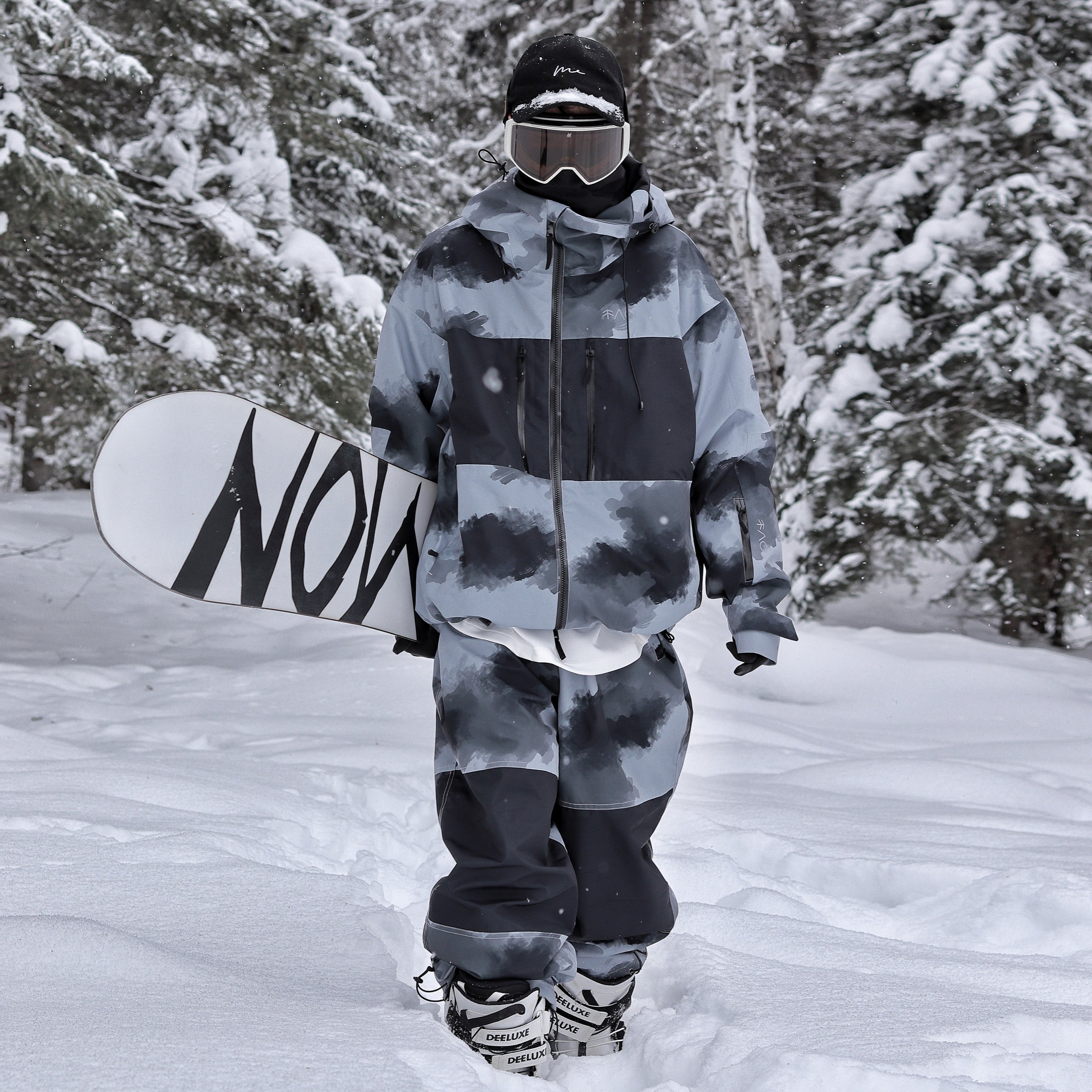no, black and gray ski suit, velvet waterproof and windproof oversize ski suit