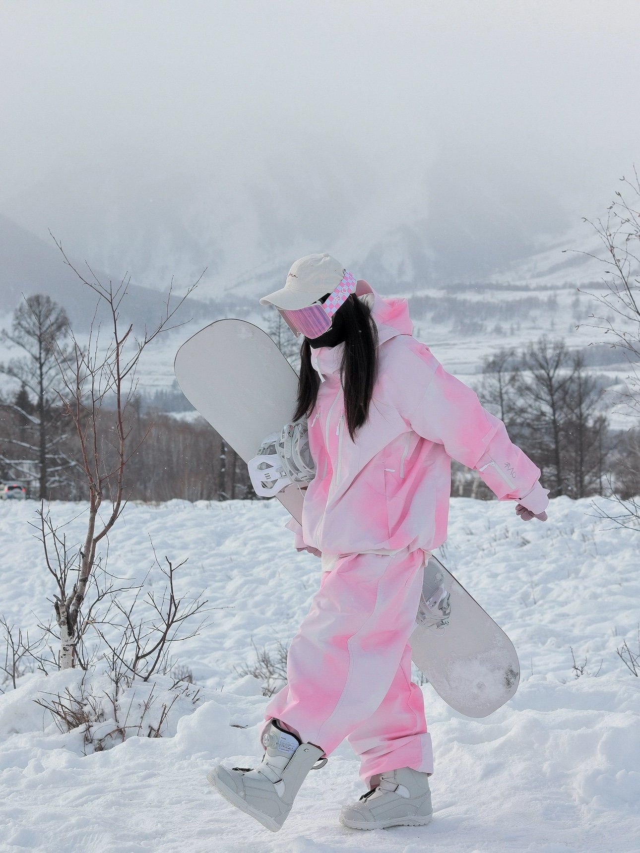 snow no, pink-printed ski suit, velvet waterproof and windproof oversize ski suit